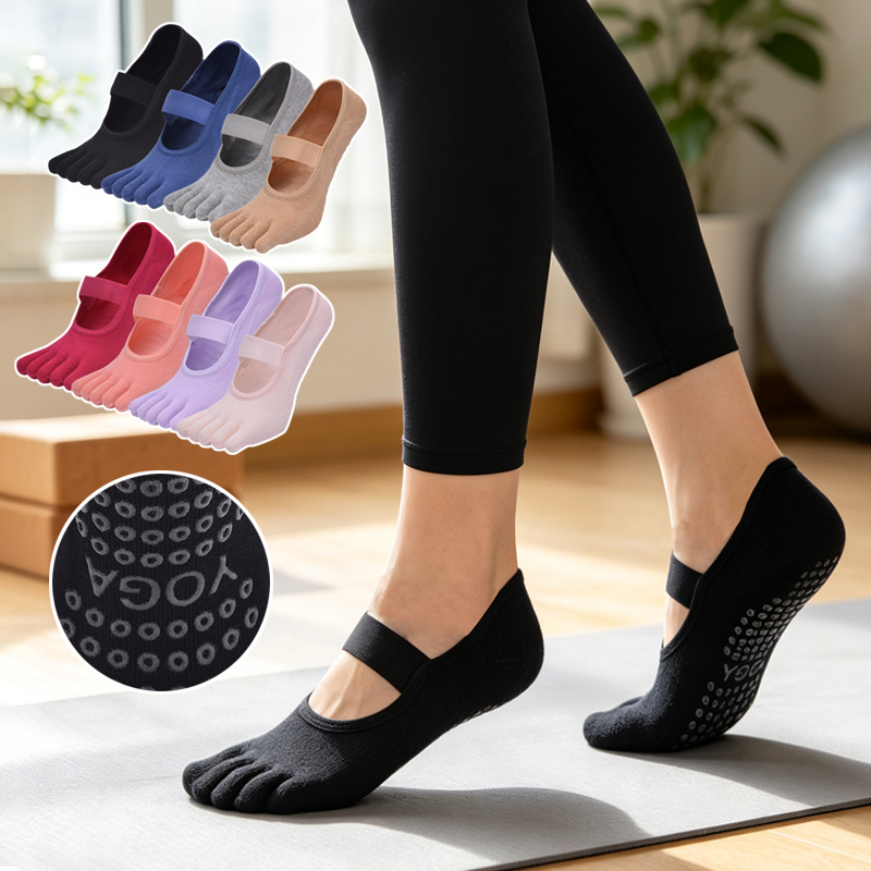 Medias Para Pilates Y Yoga - Damen-Fünf-Zehen-Anti-Rutsch-Pilates-Socken, Damen-Bandage-Yoga-Socken, Fitness-Ballett-Baumwollsocken ohne Rückseite für